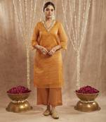 Orange lily floral embroidred kurta with flared pants