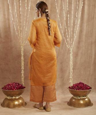 Orange lily floral embroidred kurta with flared pants 2