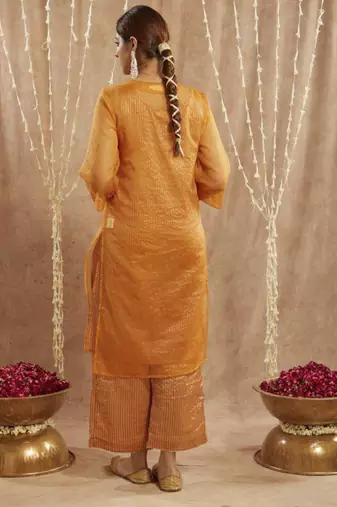 Orange lily floral embroidred kurta with flared pants