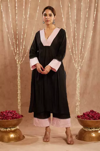 Black zari chanderi kurta with narrow pants