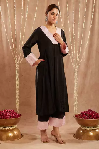 Black zari chanderi kurta with narrow pants