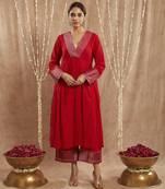 Red zari chanderi kurta with narrow pants