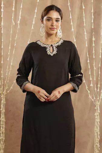 Black dori chanderi kurta with narrow pants