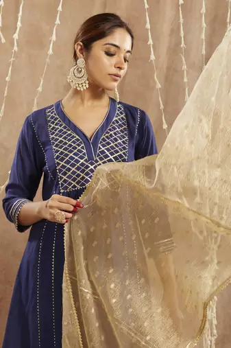 Royal blue gota chanderi kurta with 
wide leg pants