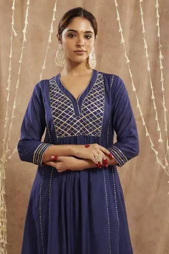 Royal blue gota chanderi kurta with 
wide leg pants