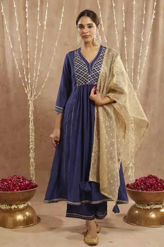 Royal blue gota chanderi kurta with 
wide leg pants