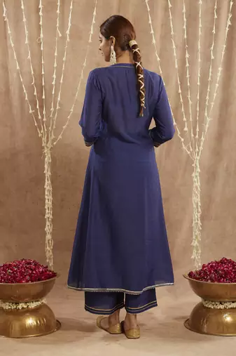Royal blue gota chanderi kurta with 
wide leg pants