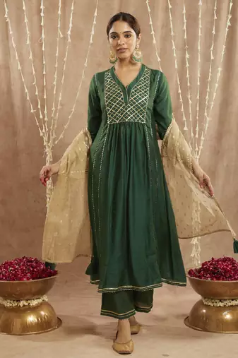 Emerald green gota chanderi kurta with 
wide leg pants