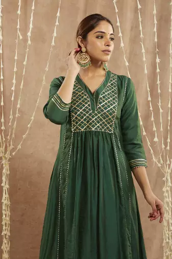 Emerald green gota chanderi kurta with 
wide leg pants