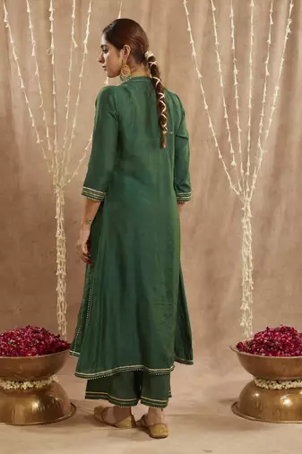 Emerald green gota chanderi kurta with 
wide leg pants