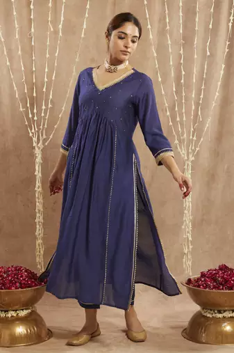 Blue charm chanderi kurta with narrow pants
