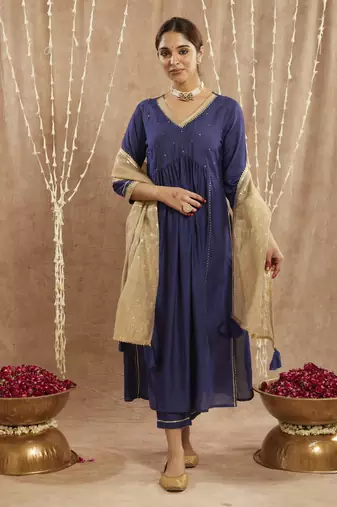 Blue charm chanderi kurta with narrow pants