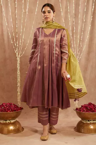 Purple floral gota tissue anarkali with wide leg pants