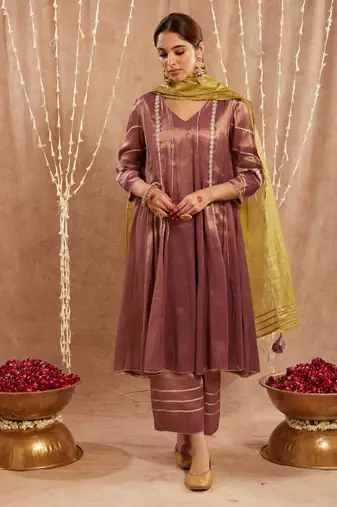 Purple floral gota tissue anarkali with wide leg pants
