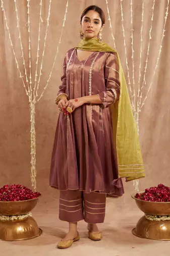 Purple floral gota tissue anarkali with wide leg pants