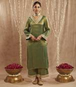 Green sequins gota tissue kurta with 
wide leg pants