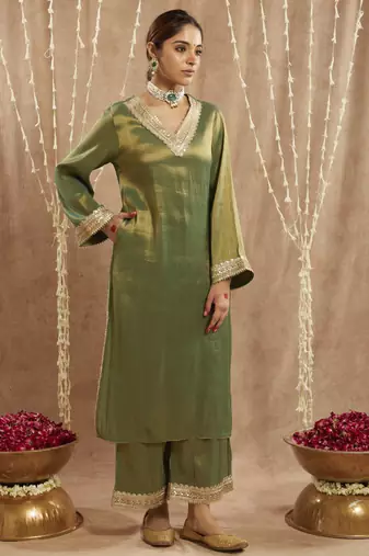 Green sequins gota tissue kurta with 
wide leg pants