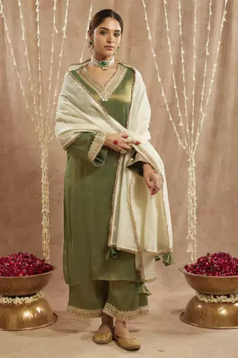 Green sequins gota tissue kurta with 
wide leg pants