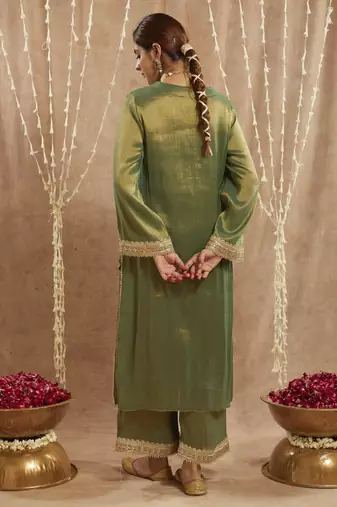 Green sequins gota tissue kurta with 
wide leg pants