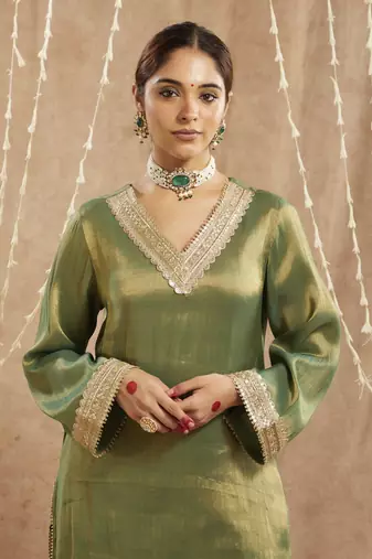Green sequins gota tissue kurta with 
wide leg pants