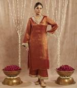 Rust sequins gota tissue kurta with 
wide leg pants