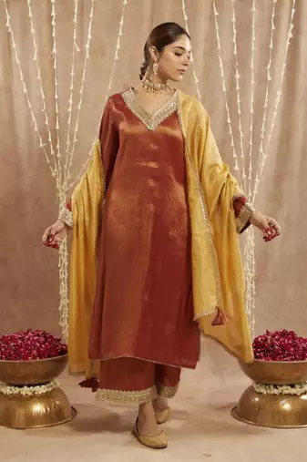 Rust sequins gota tissue kurta with 
wide leg pants