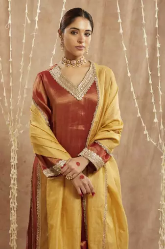 Rust sequins gota tissue kurta with 
wide leg pants