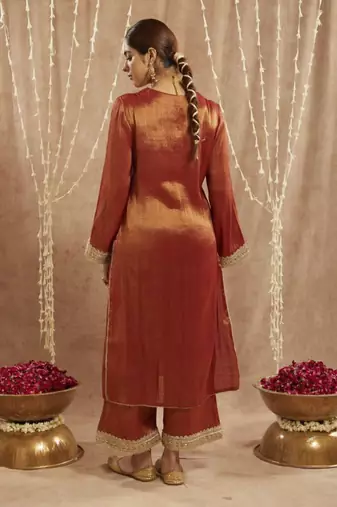 Rust sequins gota tissue kurta with 
wide leg pants