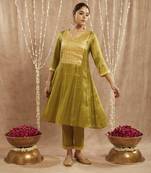 Green yoke tissue anarkali with 
narrow pants
