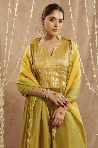 Green yoke tissue anarkali with 
narrow pants