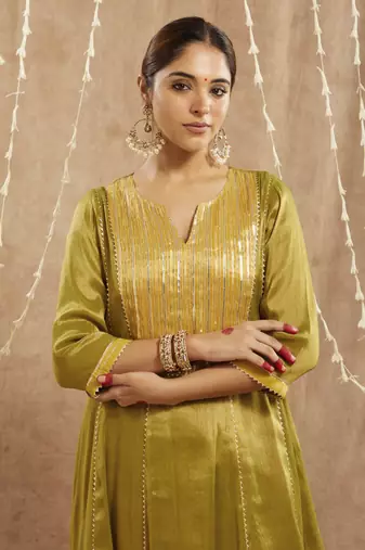 Green yoke tissue anarkali with 
narrow pants