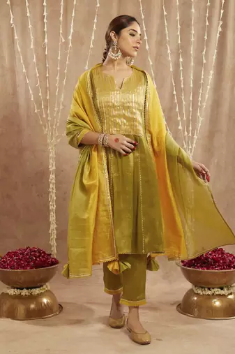 Green yoke tissue anarkali with 
narrow pants