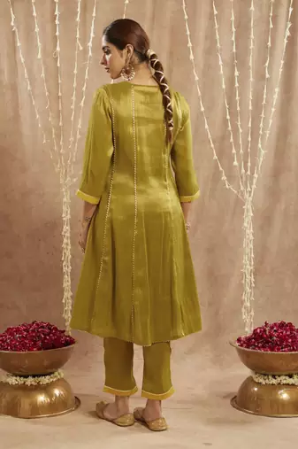 Green yoke tissue anarkali with 
narrow pants