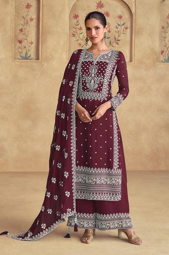 Faux georgette embroidered wine trendy salwar kameez