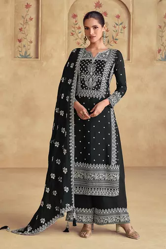 Faux georgette embroidered black trendy salwar kameez