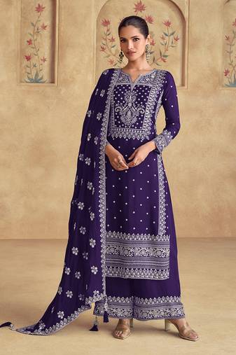 Faux georgette embroidered violet trendy salwar kameez