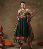 Meraki gulsan green muslin frill anarkali set with organza dupatta