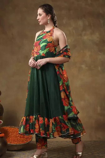 Meraki gulsan green muslin frill anarkali set with organza dupatta