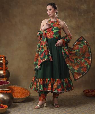 Meraki gulsan green muslin frill anarkali set with organza dupatta 4