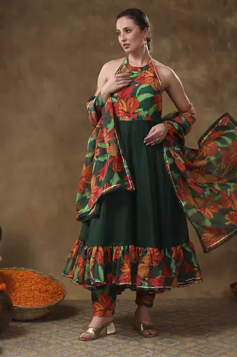 Meraki gulsan green muslin frill anarkali set with organza dupatta