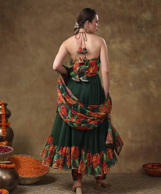 Meraki gulsan green muslin frill anarkali set with organza dupatta 5