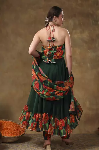 Meraki gulsan green muslin frill anarkali set with organza dupatta