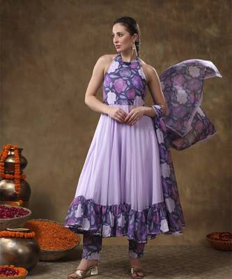 Meraki veena lavender muslin anarkali with organza dupatta 1