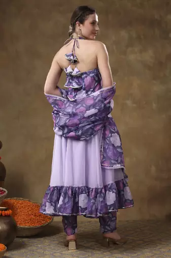 Meraki veena lavender muslin anarkali with organza dupatta