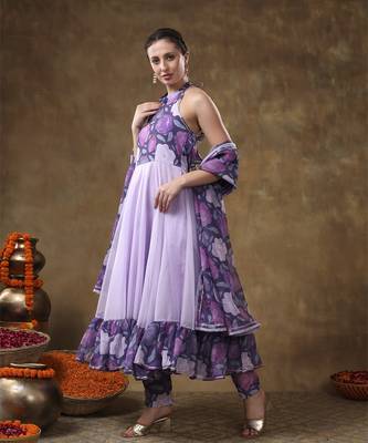 Meraki veena lavender muslin anarkali with organza dupatta 3