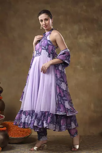 Meraki veena lavender muslin anarkali with organza dupatta
