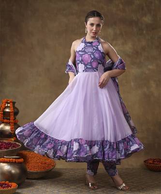Meraki veena lavender muslin anarkali with organza dupatta 4
