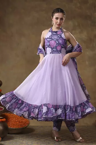 Meraki veena lavender muslin anarkali with organza dupatta