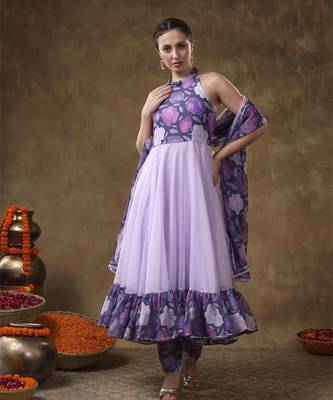 Meraki veena lavender muslin anarkali with organza dupatta 5