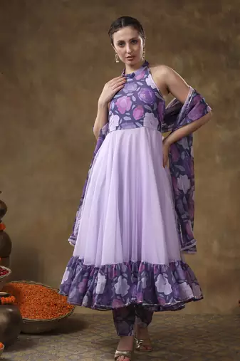 Meraki veena lavender muslin anarkali with organza dupatta